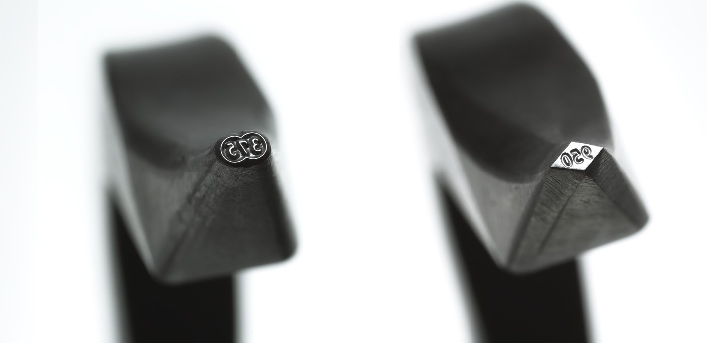 Jeweler's metal fineness punches for stamping 375 and 950 marks: the number that has to back the word gold