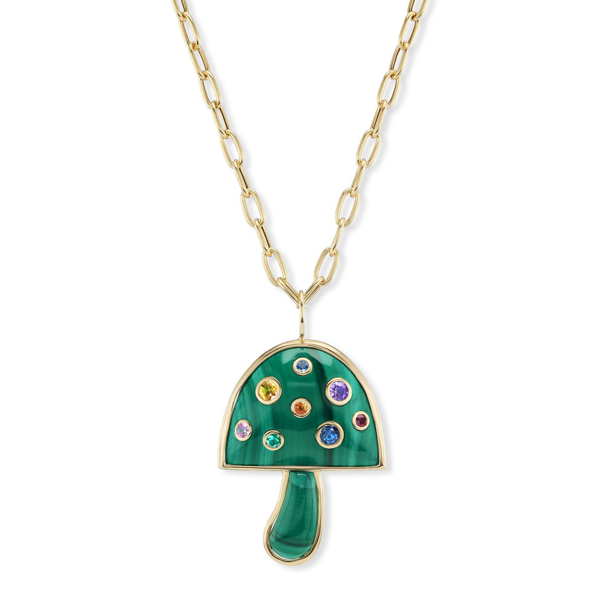 Brent Neale Large Magic Mushroom Pendant with malachite cap and sapphire details in 18K gold