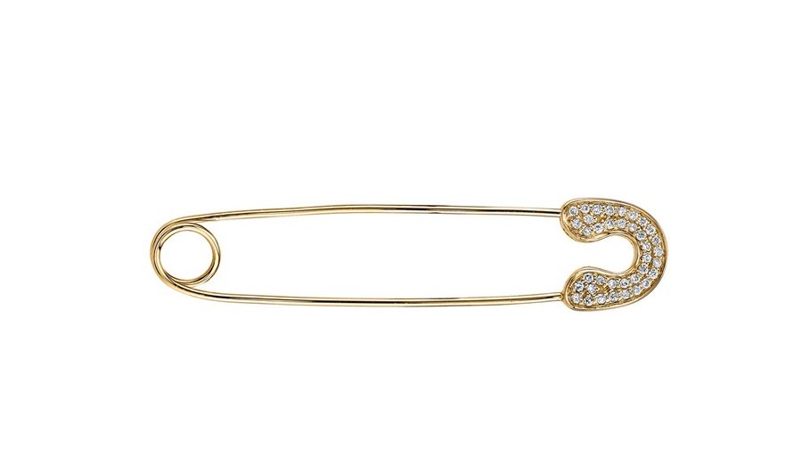 A 14k gold and diamond safety-pin brooch from Sydney Evan's men's collection, one of the few new fine jewelry brooches you can buy right now