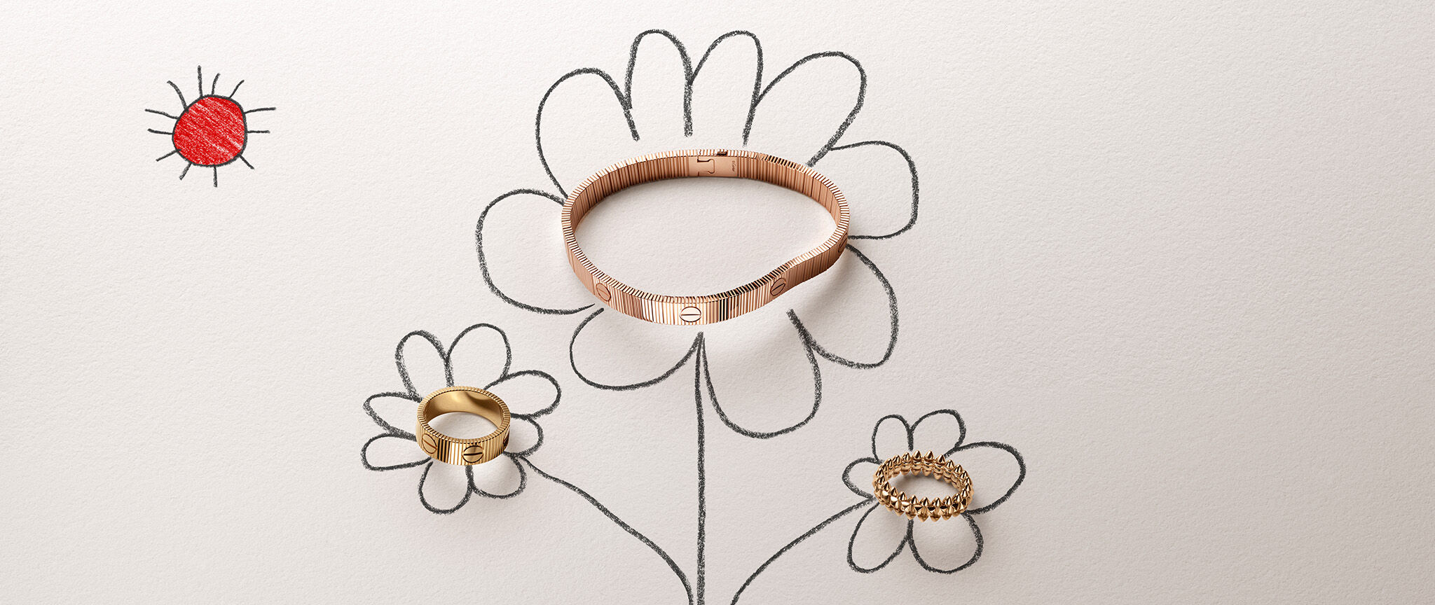 Cartier Mother's Day 2026 illustration: a Love bracelet and a pair of Cartier rings nestled inside hand-drawn flowers. Image courtesy of Cartier.