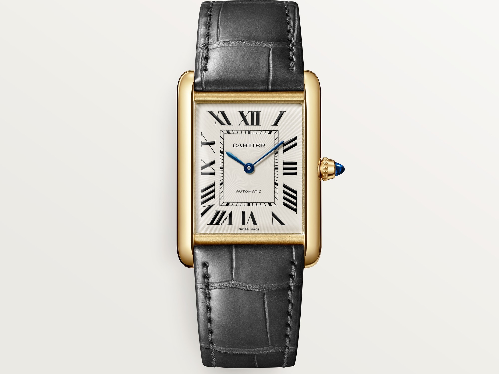 Tank Louis Cartier in 18k yellow gold with the new automatic movement, on a gray alligator strap. Image courtesy of Cartier.