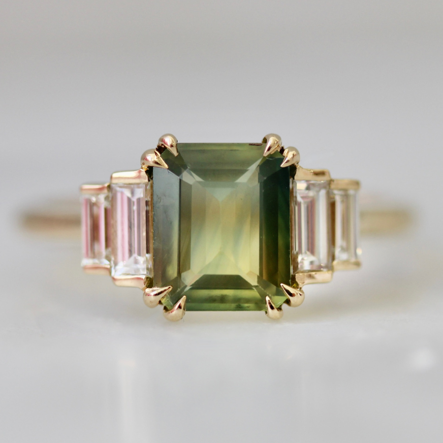Golden Lime tri-color parti sapphire emerald cut ring by Gem Breakfast