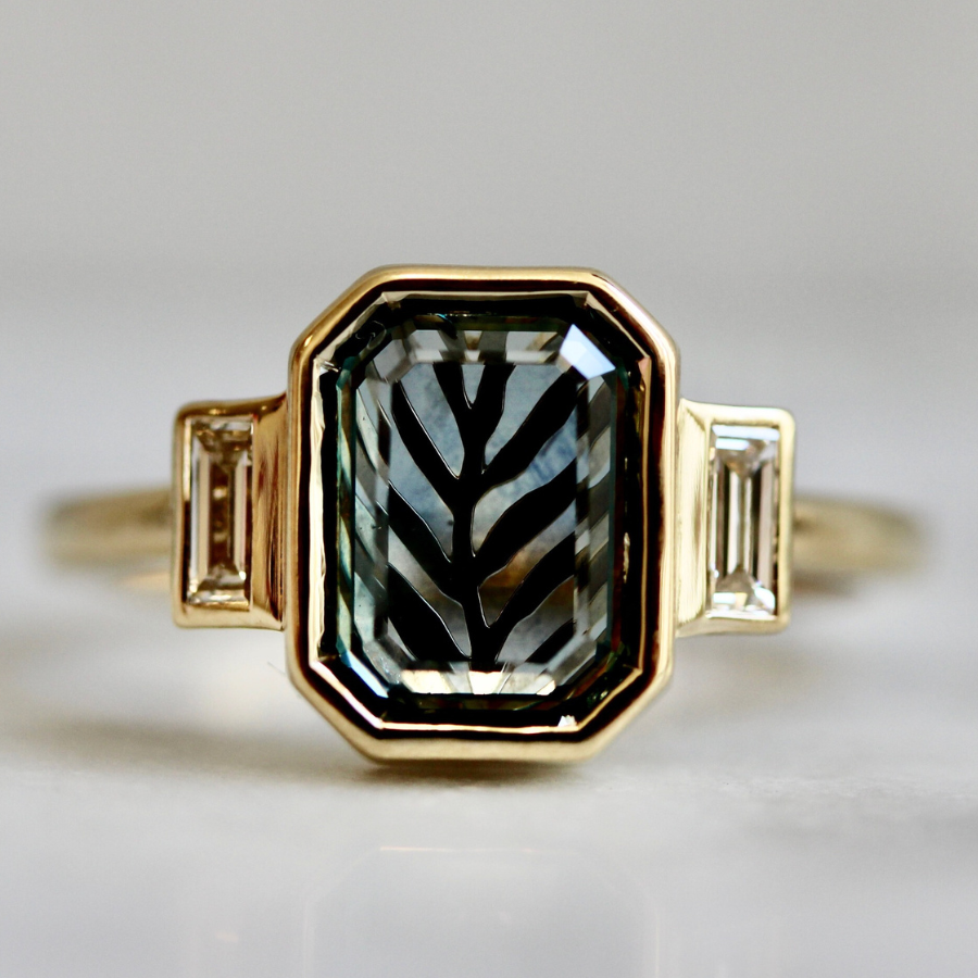 Tree Star teal portrait-cut Montana sapphire ring by Gem Breakfast
