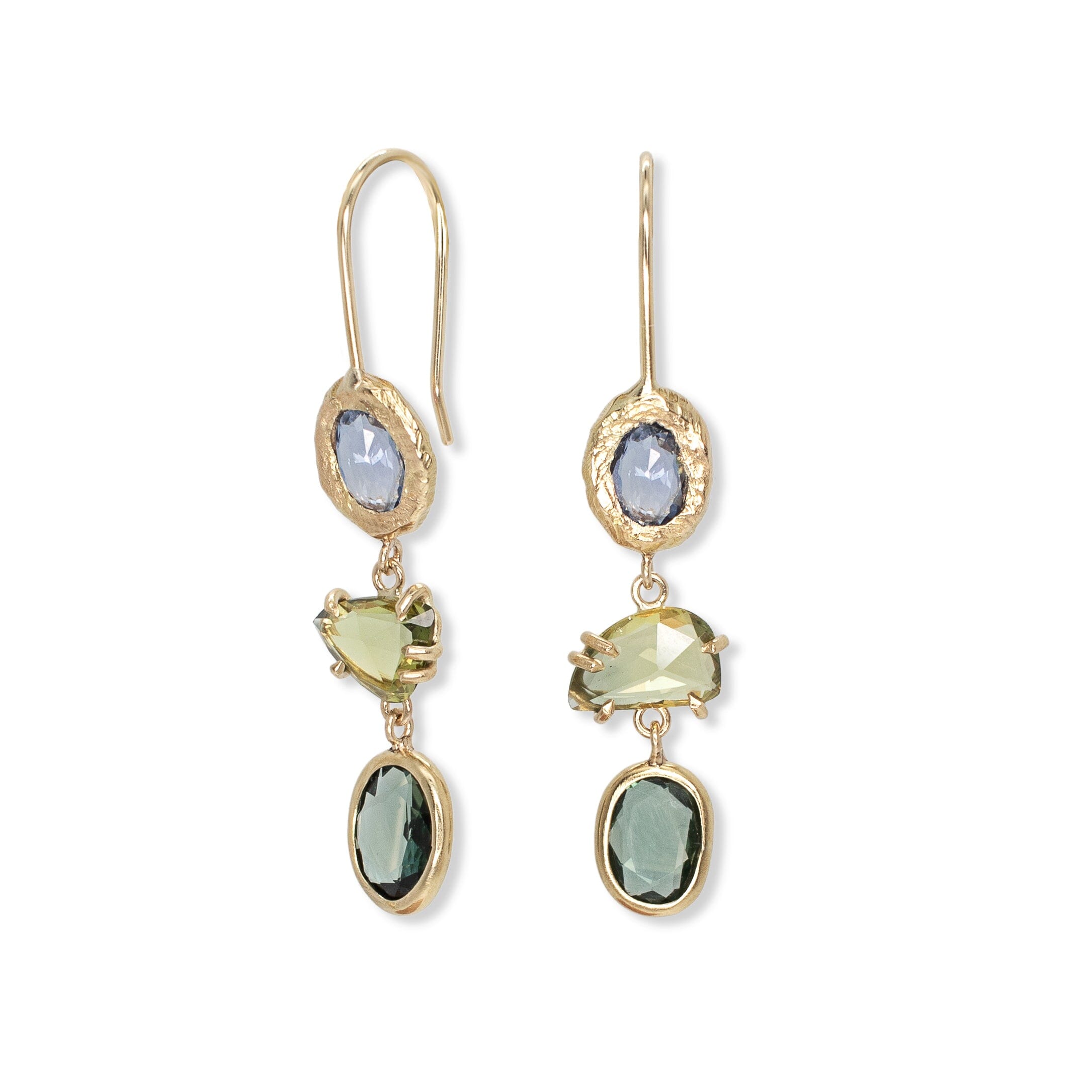 18k triple-drop earring in cool rainbow sapphires by Page Sargisson — the stones shift from blue-green through teal into lavender