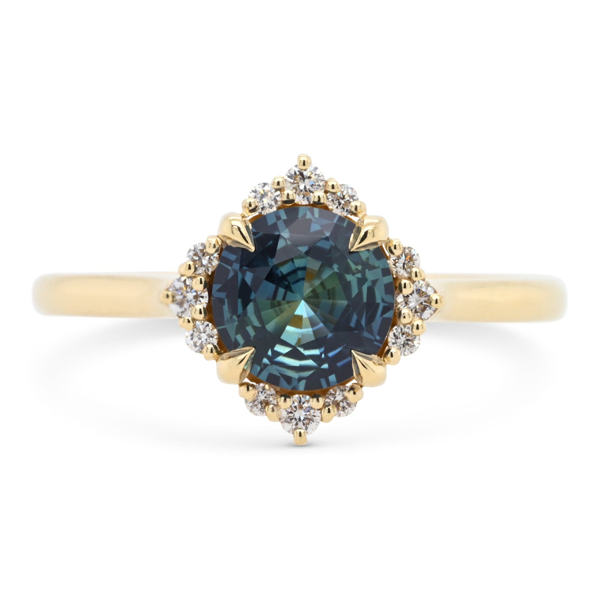 Serena round teal Montana sapphire and diamond engagement ring by Valerie Madison