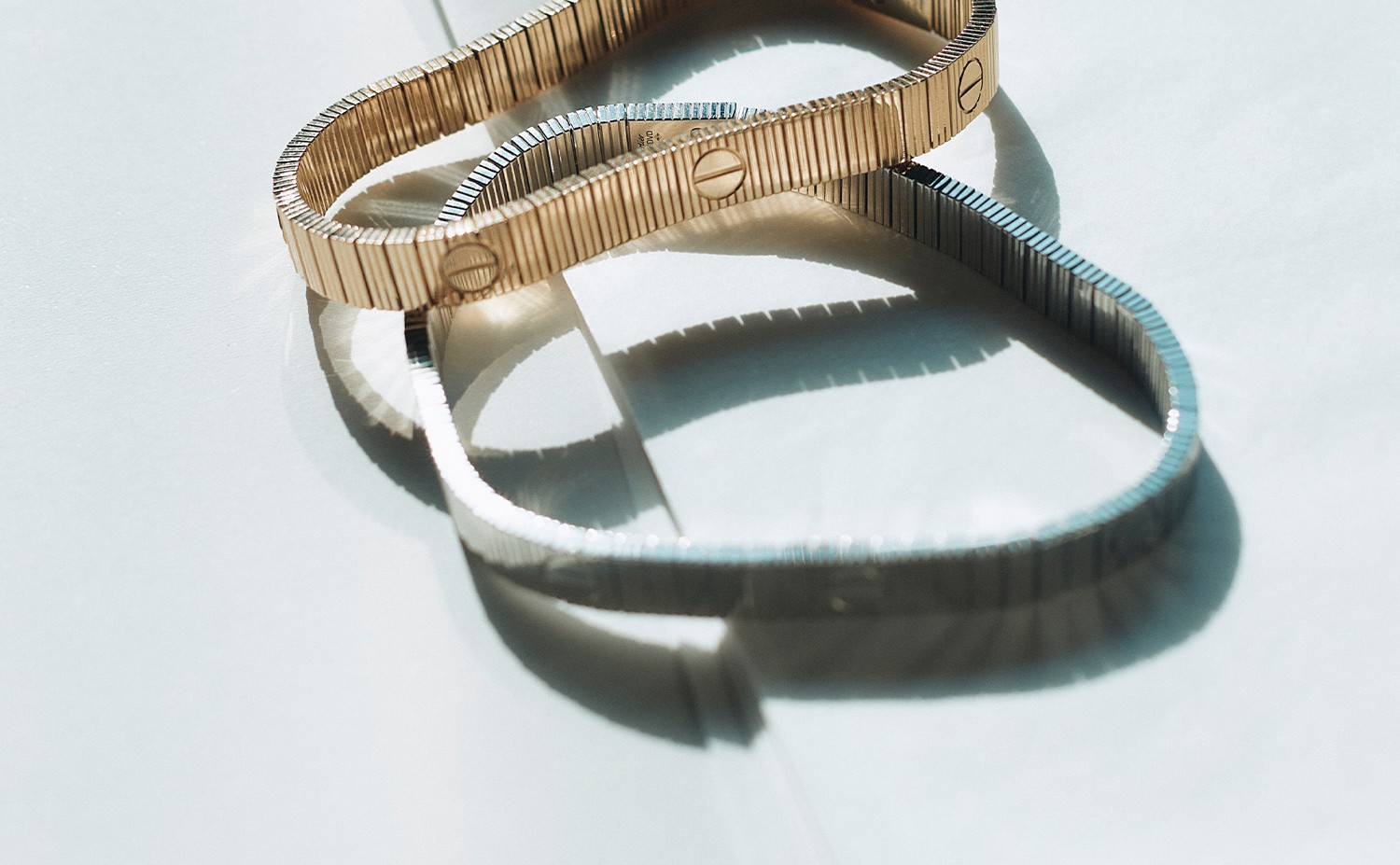 Two Cartier LOVE bangles in sunlight, the row of screw heads visible across the bands. Recognizable form is the signal, not the logo.