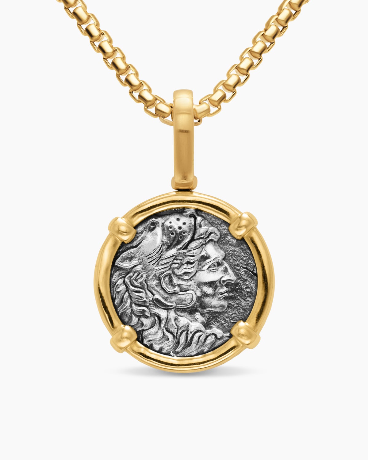 David Yurman Alexander amulet on an 18k yellow gold box chain.