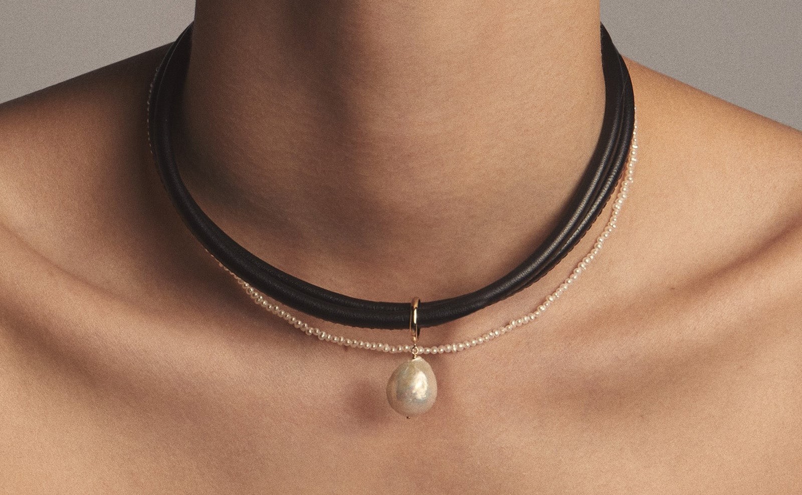Mizuki Sea of Beauty leather pearl necklace on model. Image courtesy of Mizuki.