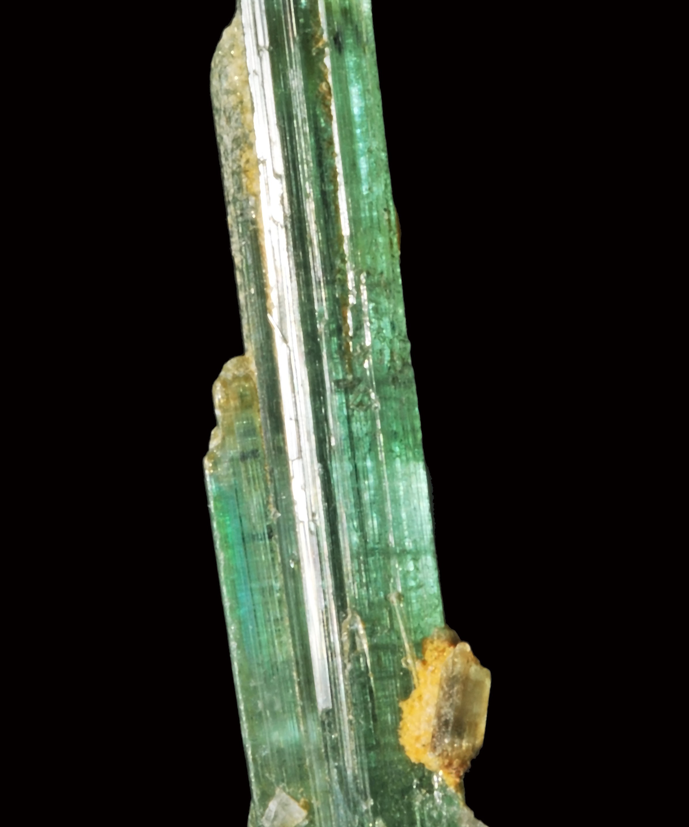 A rough Paraíba tourmaline crystal, the blue-green copper color visible in the raw material before any cutting.