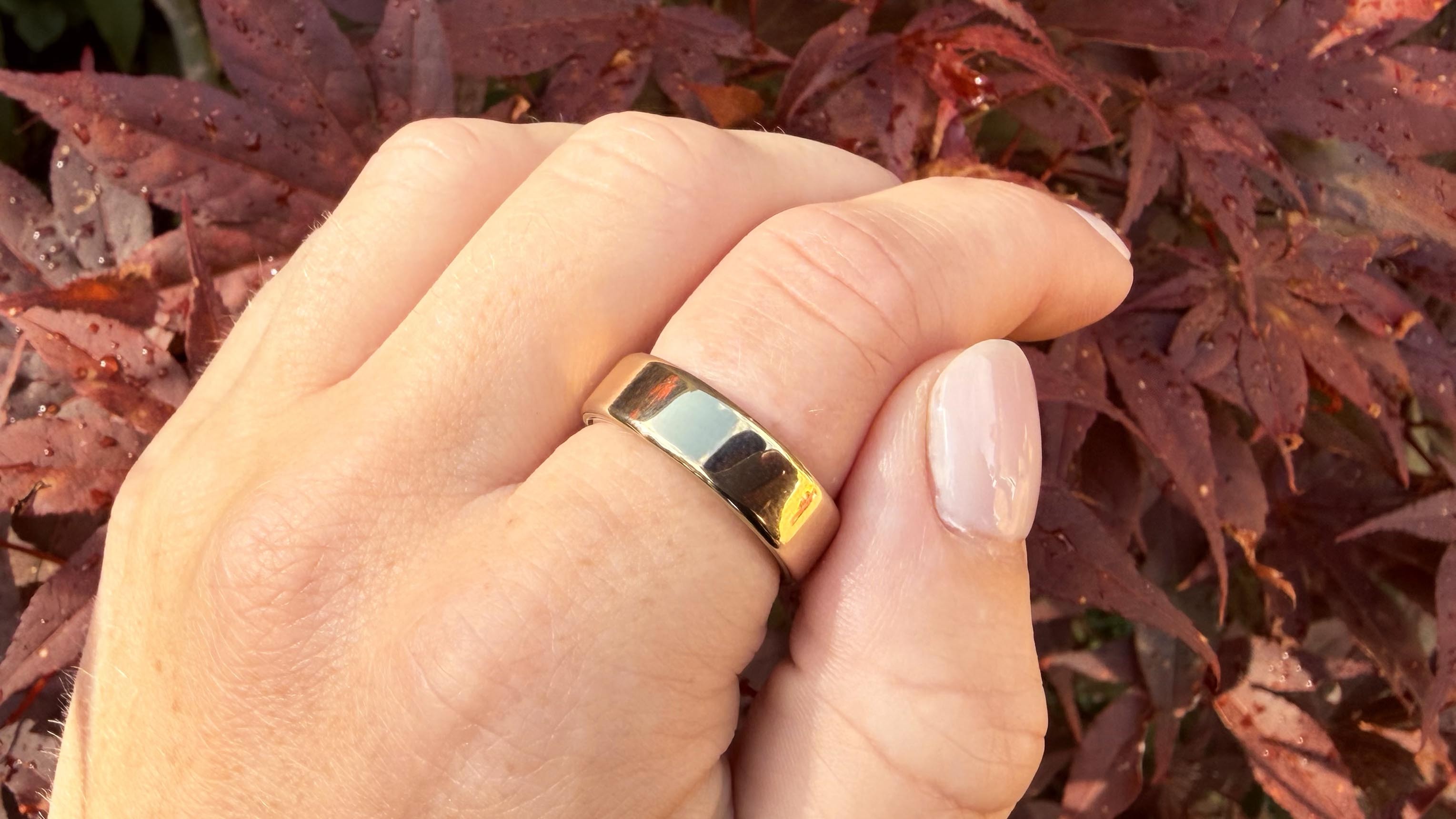 A gold-toned Oura Ring 5 worn on a finger against autumn leaves, its polished coating catching the light, the gold that starts and stops at the surface of a titanium body, Option One's tax.