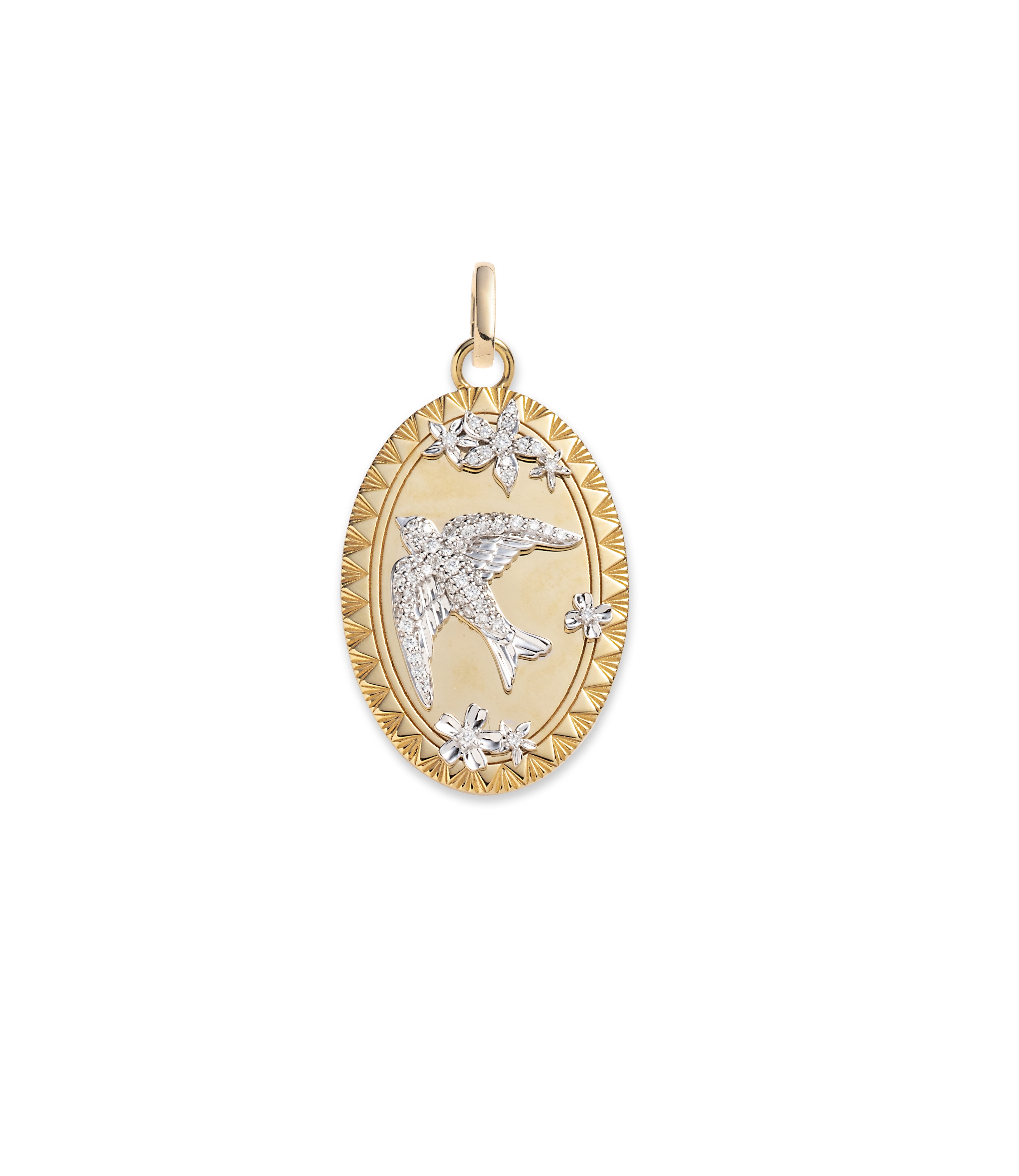 Foundrae Resilience medallion on a long chain, styled over a simple top