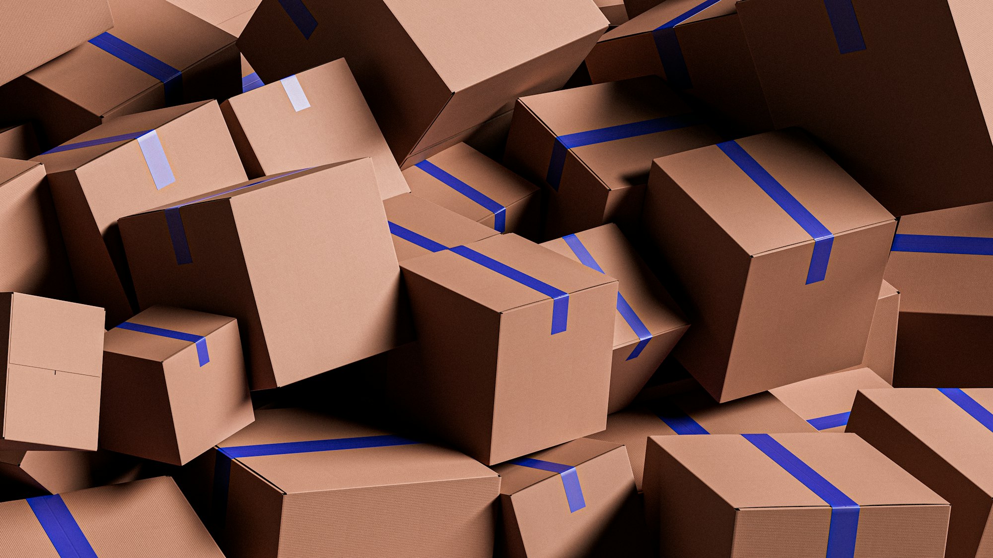 A large pile of brown cardboard parcels with blue shipping tape