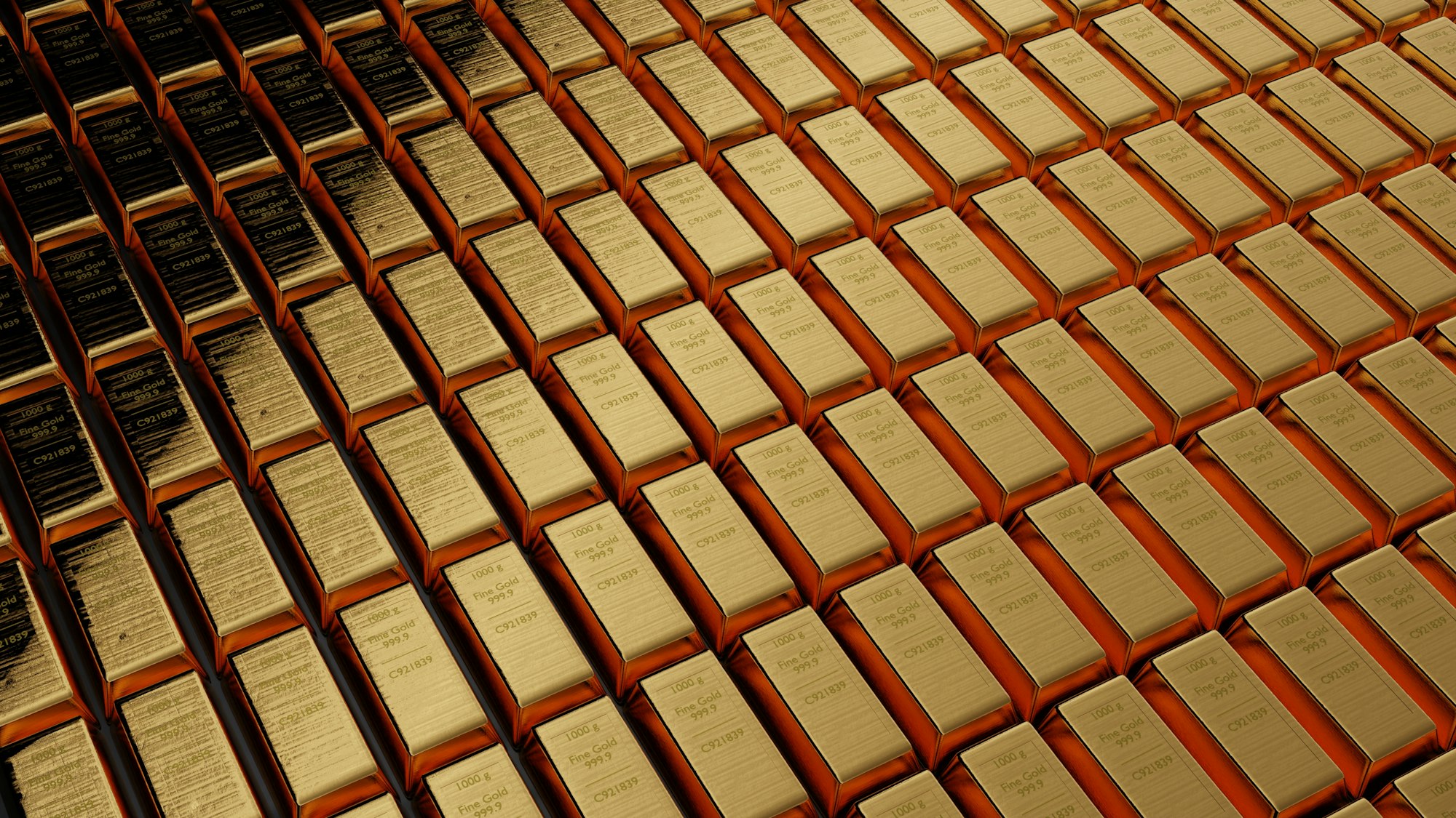 Rows of stacked gold bars viewed at an angle